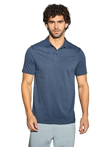 Image of TECHNOSPORT Men's Solid Slim Fit Polo Collar T-Shirt COTFLEX Half Sleeve Button Polyester for Gym Running Workout UPF50+ Anti Odour