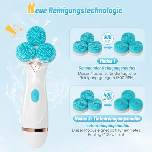 Gesichtsreinigungsbürste, IPX7 Wasserdichte Gesichtsbürste Elektrisch mit 3 Bürstenköpfen und 2-stufige Rotation, Reinigungsbürste Gesicht für Gesichtsreinigung Exfoliation (Grün)