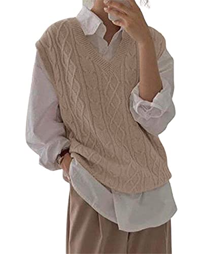 Women's V Neck Sweater Vest Oversized Sleeveless Loose Knit Tops Cable Sleeveless Sweater Khaki #TOP27