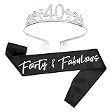 Happy Birthday Tiara and Sash Set – Rhinestone Queen Tiara with Forty and Fabulous Satin Sash Decoration for 40th Birthday
