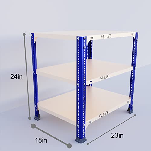Image of ALIJA️ Slotted Angle Metal Rack (2 x 2 x 1.5 Ft. / 24 x 23 x 18 Inch) with 3 Shelves (Blue and Ivory, 20 Gauge Shelves, 14 Gauge Angle)