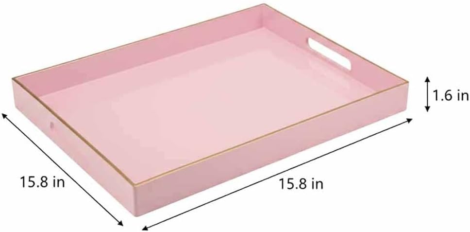 15.8" x 11.8" Pink Decorative Serving Tray with Gold Trim and Handles, Sturdy Rectangular Ottoman Tray for Living Room, Coffee Table, Kitchen Counter, Bathroom Vanity, Easy to Clean