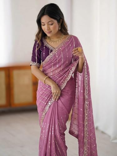 Image of SIRIL Women's Shimmer Georgette Scalloped Border Sequins Embroidery Saree with Unstitched Blouse Piece