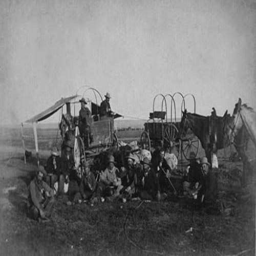 Cowboy Camp Scene: Chuck Wagon & Bed Wagon Cowboys Eating