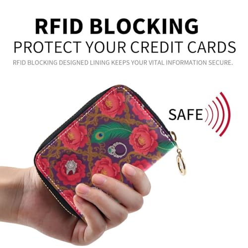 Women's Red Flowers Floral Peacock Feather Credit Card Holder Wallet Leather Zipper Card Case for Ladies Girls 203005783