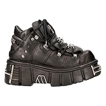 New Rock Unisex M.727-S1 Black Leather Boots Skull Chain Flame