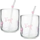Skylety 2 Set 2 Pink Bow Icon Juice Glass with 2 Pink Bow Glass Straws Bow Aesthetic Cup 14 Ounce Double Old Fashioned Icon Handblown Cocktail Glass for Women Sister Friend Party