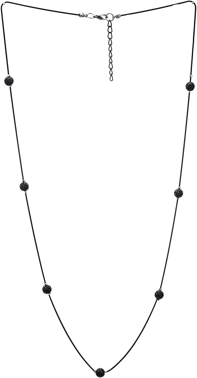COOLSTEELANDBEYOND Exquisite Black Statement Necklace Long Chain with Red Rhinestones Ball Charms Pendant, Dress Party