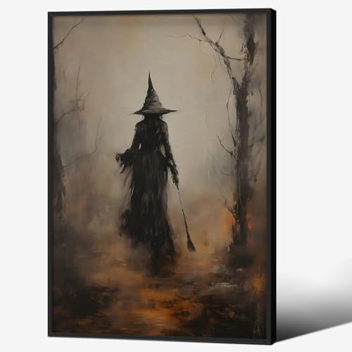 Vintage Rustic Witch Posters Halloween Canvas Wall Art Witch in The Forest Painting Prints 16x24inch Black Framed Goth Dark Moody Wall Decor for Living Room Bedroom