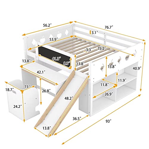 Kxry Low Loft Bed Full Size With Slide,Desk And Chair, 4 Cabinets, Wooden Frame Loft Bed With Climbing Ladder,Safety Guard Rails & Storage Space For Kids Toddler,White #TOP1