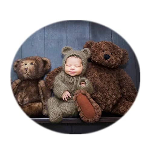 Image of Vemonllas Newborn Photography Props Boys Girls Outfits Mohair Bear Hat Bonnet & Footed Romper Bodysuit Photoshoot Costume Set