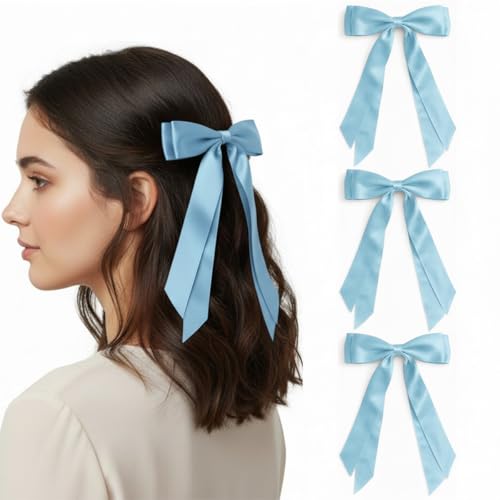 Pinzas de pelo suaves con lazo largo azul claro y enganche metálico reforzado