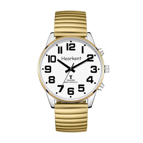 Hearkent Sprechende Uhr mit Deutscher Stimme und großen Zahlen, Selbsteinstellend für Sehbehinderte,Blinde oder Senioren Armbanduhr, Herrengröße (Gold)