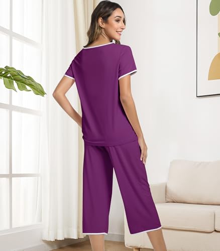 Image of NACHILA Women's Pajamas Set-Viscose Made from Bamboo,Short Sleeve Sleepwear Soft Pjs with Capri Pants Loose Loungewear