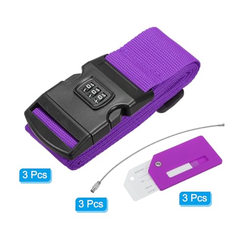 Image of PATIKIL Luggage Strap with Combination Lock Luggage Tag and Loop 78 inchx2 inch, 3 Set Adjustable Suitcase Belt for Travel Packing Bag Closure Identify, Purple