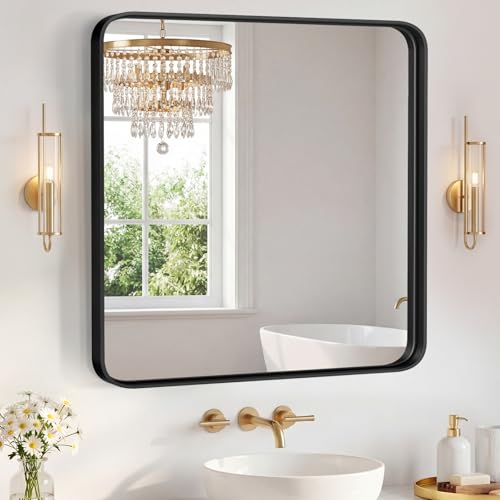 Image of Sweetcrispy Bathroom Mirror 36x36 Inch Metal Framed Rounded Rectangle Vanity Mirror for Wall, Over Sink, Farmhouse, Restroom, Anti-Rust, Modern Decorative, Horizontal or Vertical Hanging, Black