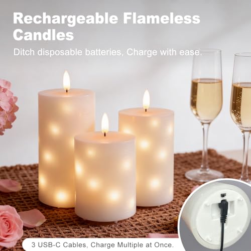 Image of LEDHOLYT Rechargeable Glass LED Flameless Candles, Embedded Star String Flickering Flameless Candles for Romantic Ambiance and Home Decoration with Remote & Timer(White)