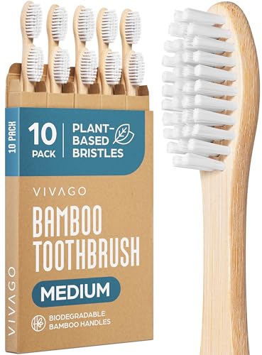 VIVAGO Bamboo Toothbrushes Medium Bristles 10 Pack - Plant-Based Medium Bristles Toothbrushes for Adults - Eco-Friendly Natural Wooden Toothbrush