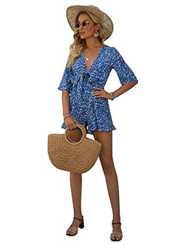 Aimcoo Women's Half Sleeve Tie Knot Front Romper Floral Print Deep V Neck Sexy Jumpsuit High Elastic Waist Ruffle Hem Rompers #TOP4