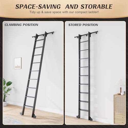 Image of Fredbeck 10ft Library Ladders Black Aluminium 120 inch with 4FT Sliding Track | Rolling rollers,Bottom Wheel Included,for Kitchen,Loft,Warehouses,Bookstore,Atti,Dressing Room,Metal