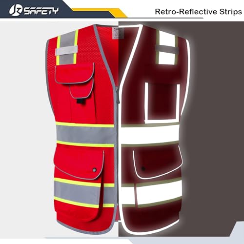 Image of JKSafety 9 Pockets Hi-Vis Neon Red Zipper Front MESH Safety Vest with Fluorescent Yellow Extend Edge outlining the Reflective Tapes Meet ANSI /ISEA Standard (100-Red, 4X-Large)