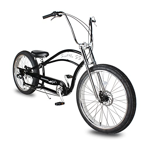 Micargi 26 Seattle Ss Complete Cruiser Bikes Shimano 7-Speed High Rise Handlebars Fat Tires Disc Braking Adult Beach Bike (26"- Bk/Polish) #TOP1