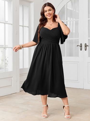 Women's Plus Size Midi Dress Sweetheart Neck Short Sleeve Wedding Guest Cocktail A Line Flowy Dress3