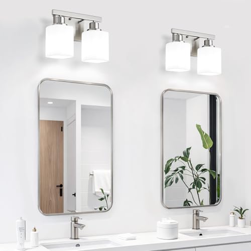 Image of 2 Light Brushed Nickel Vanity Light,Brushed Nickel Vanity Lights for Bathroom,Bathroom Light Fixtures Over Mirror,Wall Sconces for Living Room,Bedroom,Hallway(E26 Base)