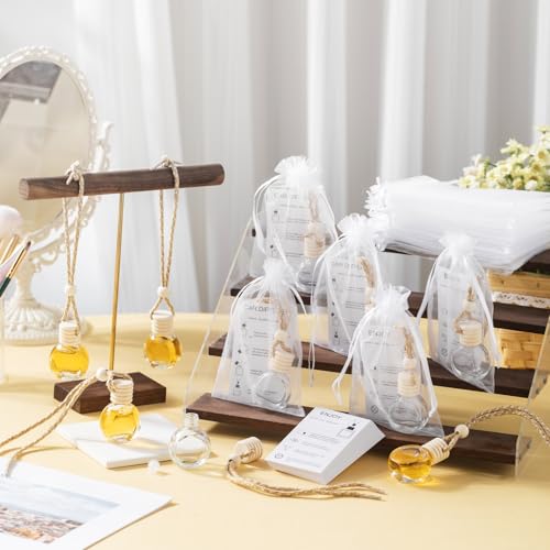Image of Boao 25 Sets Hanging Car Air Freshener Diffuser Bottles Empty Bulk with Car Diffuser Instruction Cards Organza Bags Glass Refillable Essential Oil Fragrance Aromatherapy Pendant (Round,Clear)