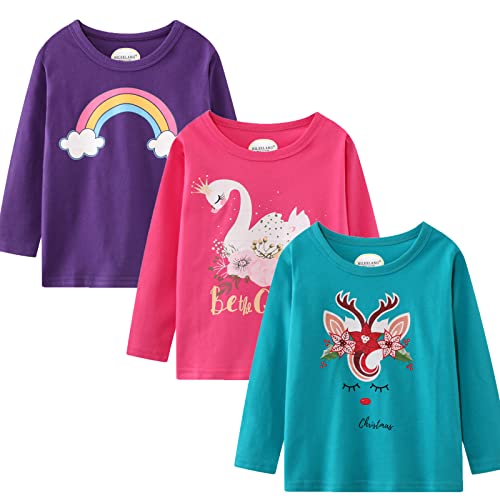 Image of Girl Long Sleeve Shirts Christams Tops Tees Cotton Casual Stripe Crewneck Graphic Jersey Tunic T-Shirts 3 Packs Sets