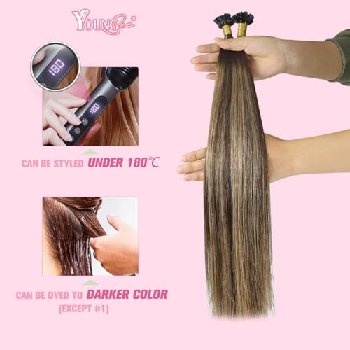 Image of YoungSee K Tip Hair Extensions Real Human Hair Dark Brown Ombre Blonde with Brown Balayage K Tip Hair Extensions Real Human Hair 20In Keratin Hair Extensions Brown Pre Bonded Hair Extensions 50S /50G