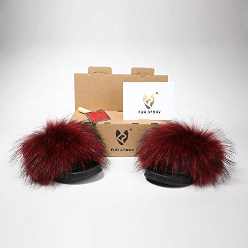 Fur Story Women's Fox Fur Slides Furry Slide Sandal (9, Wine Raccoon)