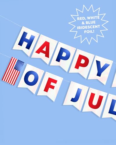 Image of xo, Fetti Happy Fourth of July Foil Flag Banner - 5 Ft., Foil | USA Party Favors, American Flag Party Supplies, 4th of July Decorations, Stars and Stripes Decor, Red White and Blue Merica Decor, Patriotic Photobooth Backdrop