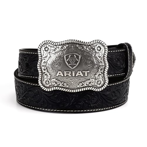 ARIAT Floral Embossed Leather Men's Belt - Black Genuine Leather Belt with Antique Silver Embossed Plate Buckle