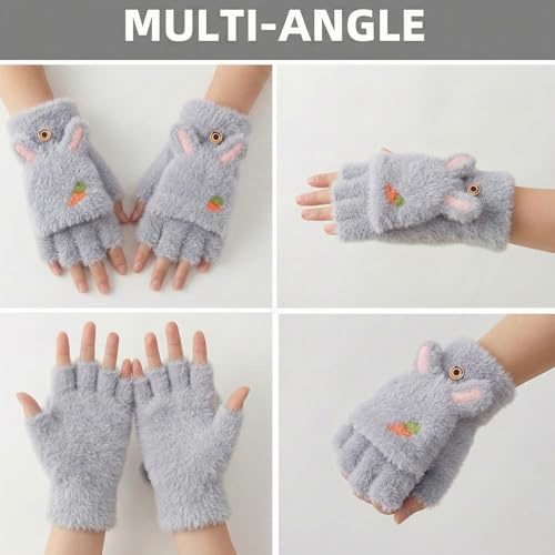 Image of Kraptick Cute Bunny Winter Gloves for Women & Girls - Fluffy Convertible Flip Top Mittens - Warm Fingerless Knitted Woolen Hand Warmer with Button Flap for Typing & Driving (Free Size, Pink)-5