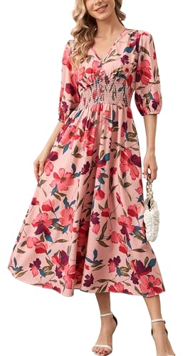 Image of Kormei Women Casual Boho V Neck 3 /4 Sleeve Smocked Waist A Line Flowy Swing Midi Dress Smocked Long Dress