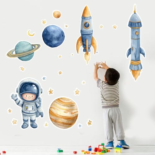 Image of Space Theme Wall Sticker for Kids Room | Astronaut, Rocket & Planet Self Adhesive Wall Decal | Peel & Stick Nursery, Bedroom & Playroom Decoration