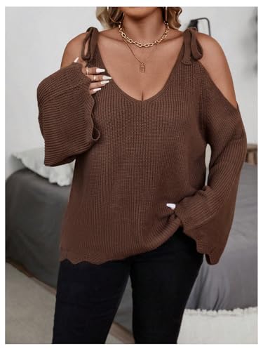 SOLY HUX Women's Plus Size Sweaters Tie Cold Shoulder V Neck Long Sleeve Scallop Trim Knit Pullover Tops3