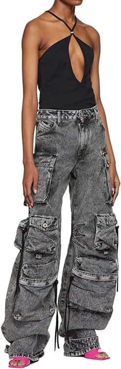 LAPRBY Multi-Pocket Jeans Washed Cargo Pants Y2k Retro High Street High Waist Jeans Casual Wide Leg Parachute Pants2
