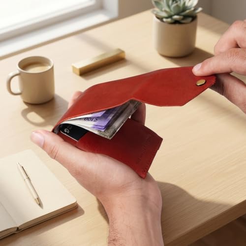 Image of The Wallet Store Flip Genuine Leather Vertical Slim Wallet for Men | Pull-String Quick Card Access | Compact Front Cash Pocket & Button Lock | Minimalist Travel & Daily Carry Wallet (Red)