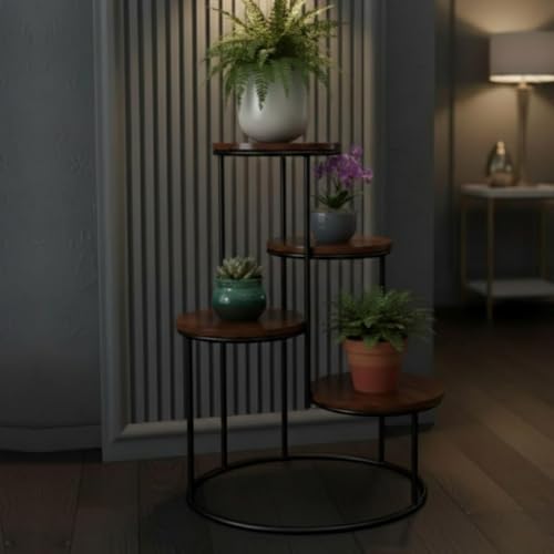 Image of Modern 4-Tier Plant Stand Indoor Metal & Wood | 60 cm Tall Multi-Level Flower Pot Stand | Heavy Duty Corner Plant Rack for Living Room, Balcony, Garden | Decorative Plant Holder for Indoor Use (Brown Black)