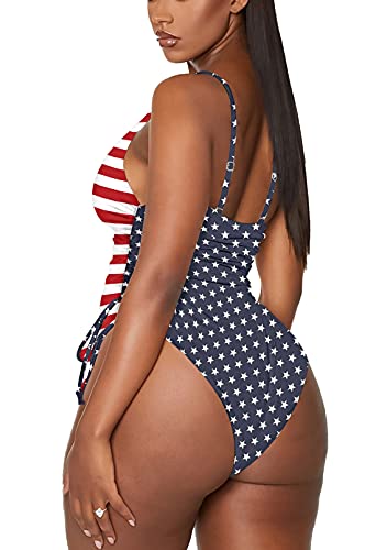 Viottiset Women's One Piece Swimsuit Drawstring Tummy Control High Cut Bathing Suit American Flag X-Large #TOP1