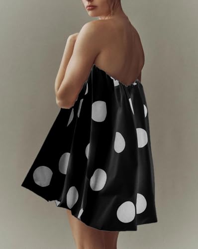 Image of Faretumiya Women Polka Dot Bubble Mini Dress Strapless Flowy Short Tube Dress Off Shoulder Y2k Balloon Dress Party Beach(