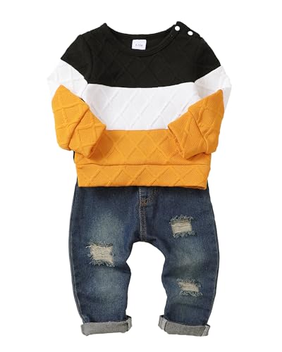 Image of NZRVAWS Toddler Baby Boy Clothes Pullover Sweater Ripped Jean Sweatsuit Little Boy Outfit Fall Winter Clothing Set 6M-7T