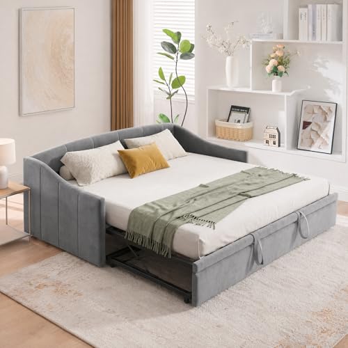Wnvivi Cama de día extensible 90/180 x 200 cm, sofá cama tapizada con somier y cama nido, sofá cama 2 en 1 para cama doble, sofá cama de terciopelo para salón, habitación de invitados, sin colchón