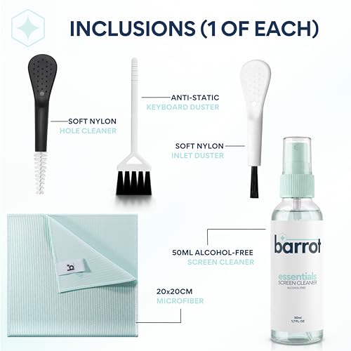Image of BARROT Essentials Mini Device Cleaning Kit | Includes 50ml Non-Alcohol Screen Cleaner, 3 x High-Precision Brushes & 20x20CM Plush Microfiber