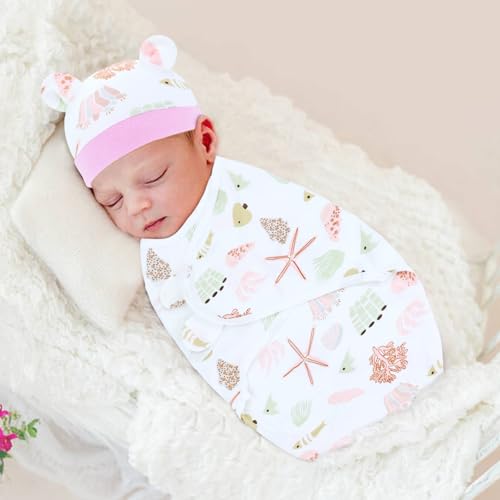 Image of Cinaci 2 Pieces Adjustable Soft Cotton Baby Swaddle Sleep Sacks Hats Newborn Nursery Caps Beanies Bonnets Swaddle Blanket Wraps for Baby Girls Boys Infants Newborns (2PCS S2)