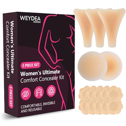 Women’s Front Coverage & Adhesive Covers Kit - Reusable Silicone Inserts (3), Silicone Covers (2 Pairs) & 10 Disposable Covers, Discreet No-Show Under Swimwear & Activewear Nude