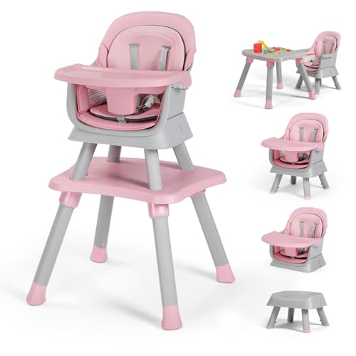kinder king 8 in 1 baby high chair coverts to dining booster seatkids table amp chair settoddler building block tablekids stool removable tray amp double seat cover easy to wipe grey amp pink