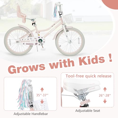 Image of Olakids Kids Bike, 12 14 16 18 20 Inch Girls Bicycle with Doll Seat Basket Adjustable Seat and Handlebar, Handbrake and Coaster Brake